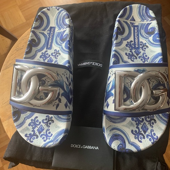 Dolce & Gabbana Shoes - Dolce & Gabbana Blue and White Slides